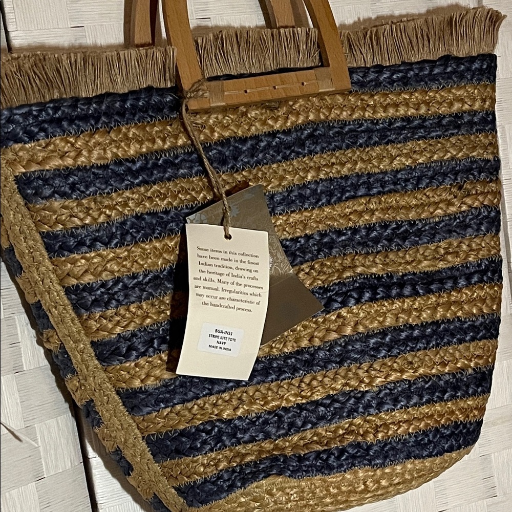 Antik Kraft Striped Tan Blue Tote Jute woven Luxury wood handles Boho